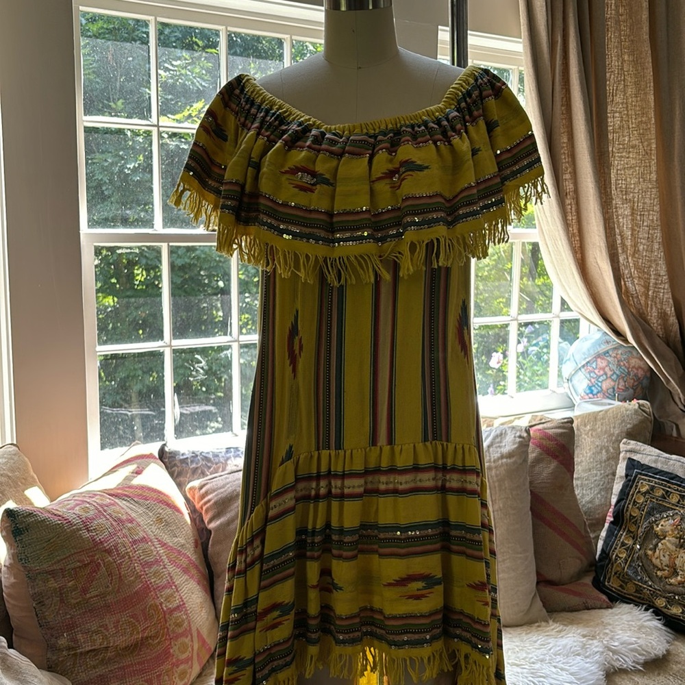 MARINA St Barth high low fringe detailed maxi dress. Sequence details on stripes